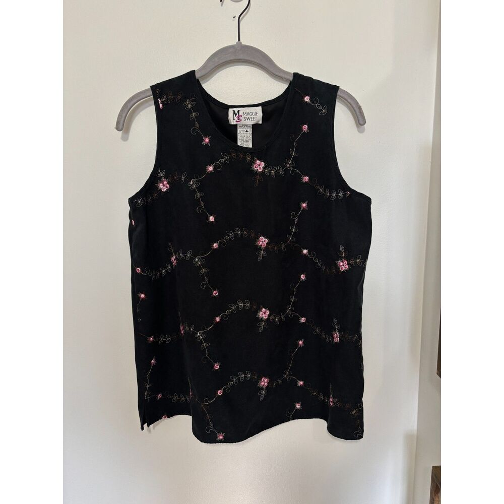 Maggie Sweet Black Suede Tank Embroidered Cottage Whimsigoth Top M‎